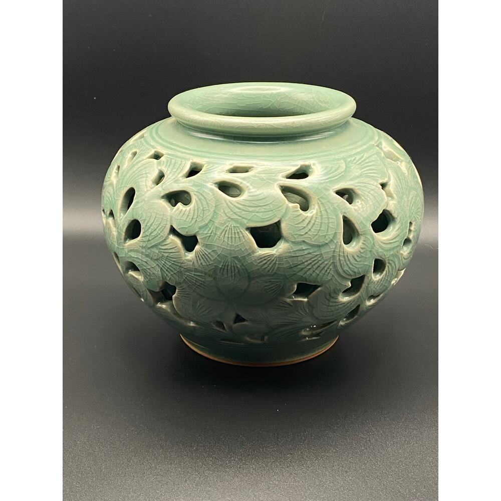 Vintage / Antique Korean Green Celadon Reticulated Double Walled Vase- Signed